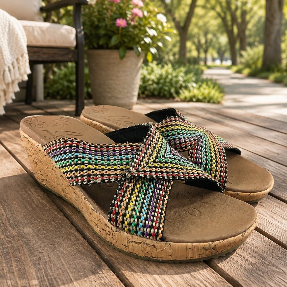 Skechers Cali Beverlee Delighted Wedge Sandals Womens 9 Woven 38554W Rainbow‎